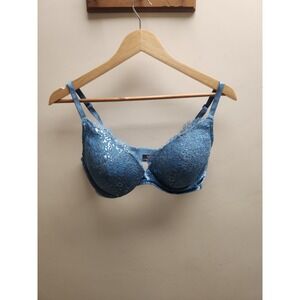 Victorias Secret Dream Angels Demi Bra 36D Blue Silver Metallic Floral‎ Lace